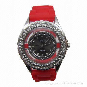 Red Fashionable Silicone Watch with Alloy Stone Bezel, Comes in Japan Movement